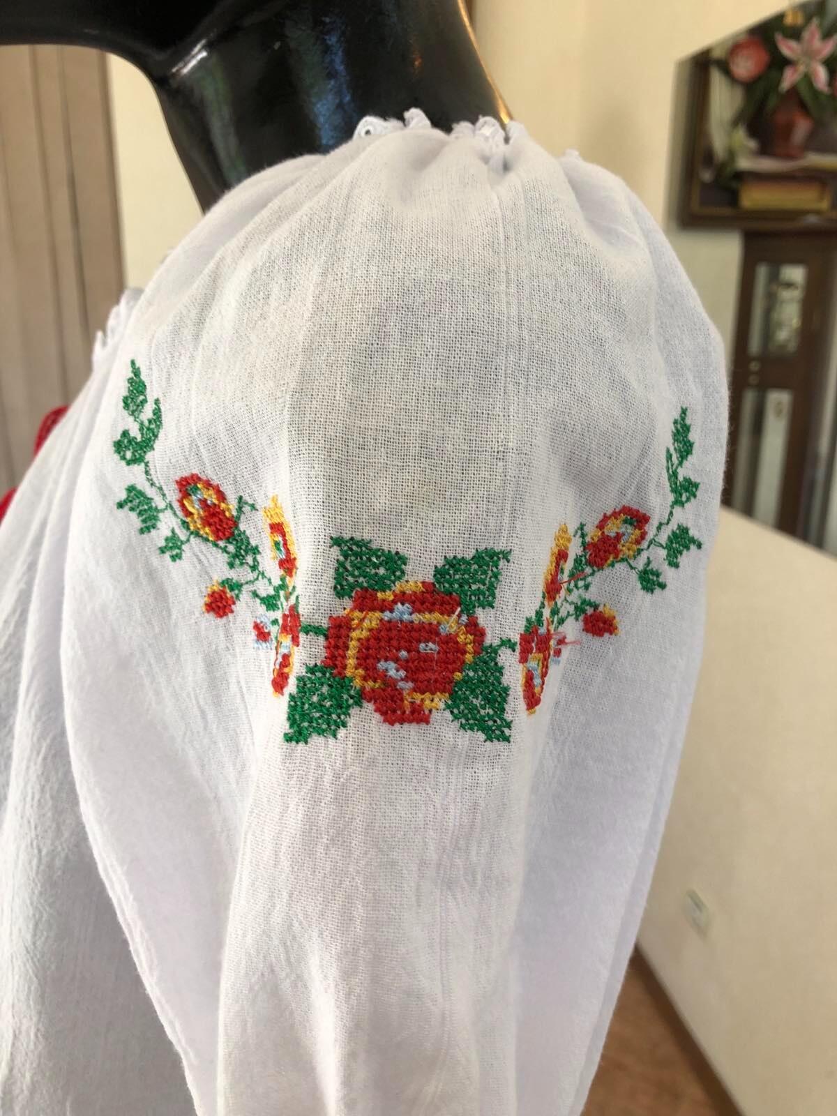 Benefis J 0391(4075) Women's Traditional Moldovan National Blouse, White Natural Cotton with Floral Machine Embroidery and Red Tassel