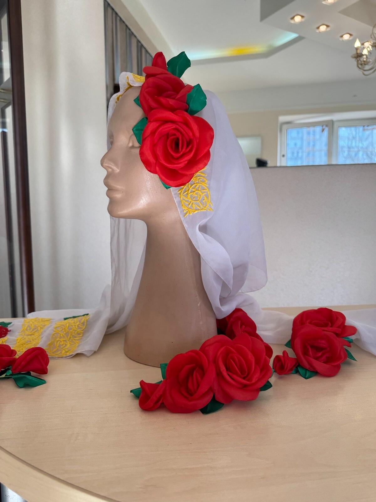 Benefis J 0373 Festive Headdress Set of 2 for Women's Moldovan National Costume, Traditional Marama Veil with Gold Floral Embroidery and Flower