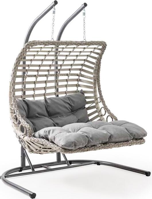 SunYard Bodrum Double Cocoon Swing, Grey, 2 Person Garden Hanging Chair, Hand-Woven Artificial Rattan, Metal Frame, 165x115x210 cm, Max Load 230 kg