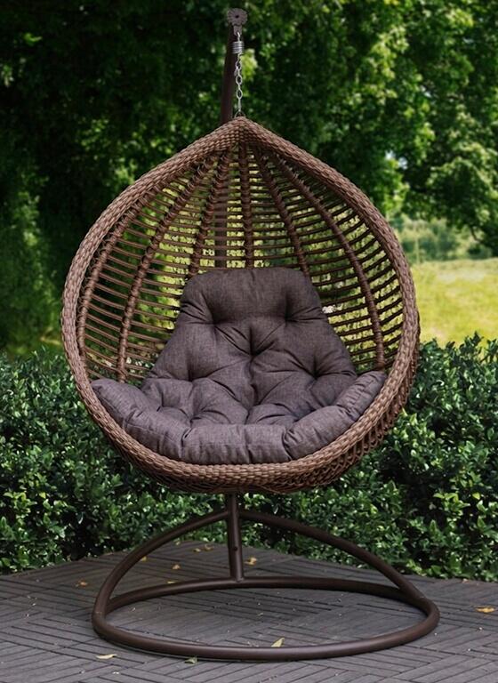Hanging Egg Chair Rattan Kit Set of 3 with Stand and Brown Pillow, Cedar Color, 1050x730x1200mm, Max Load 110kg, Metal Base Swing