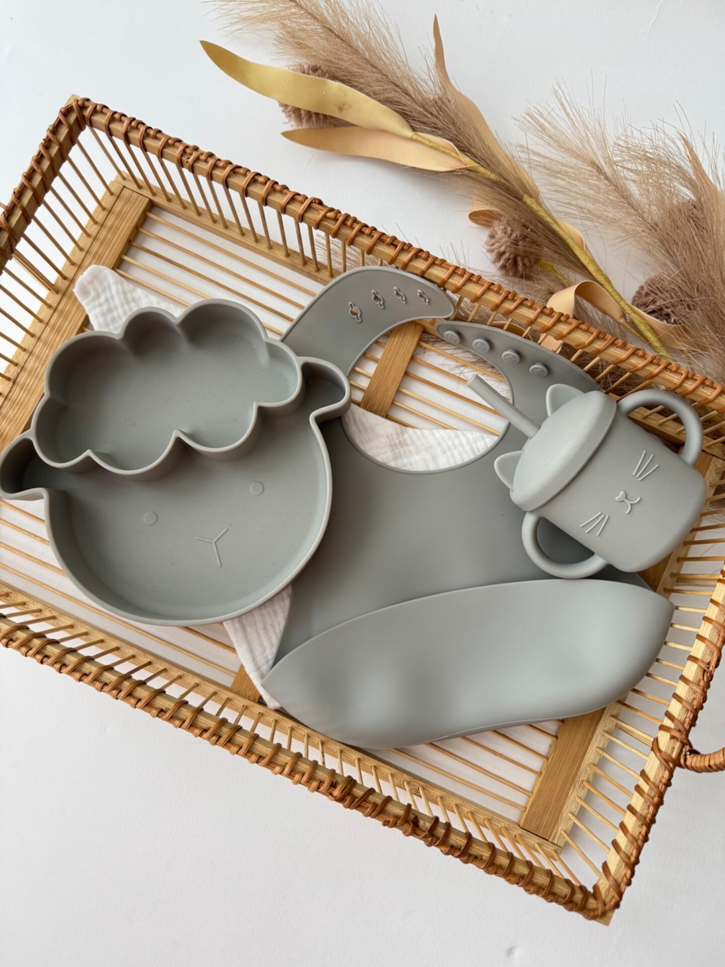 Silicone Baby Tableware Set 3 Pieces Sheep Suction Plate Bib and Straw Cup BPA-Free Food-Grade Self-Feeding Set Gray