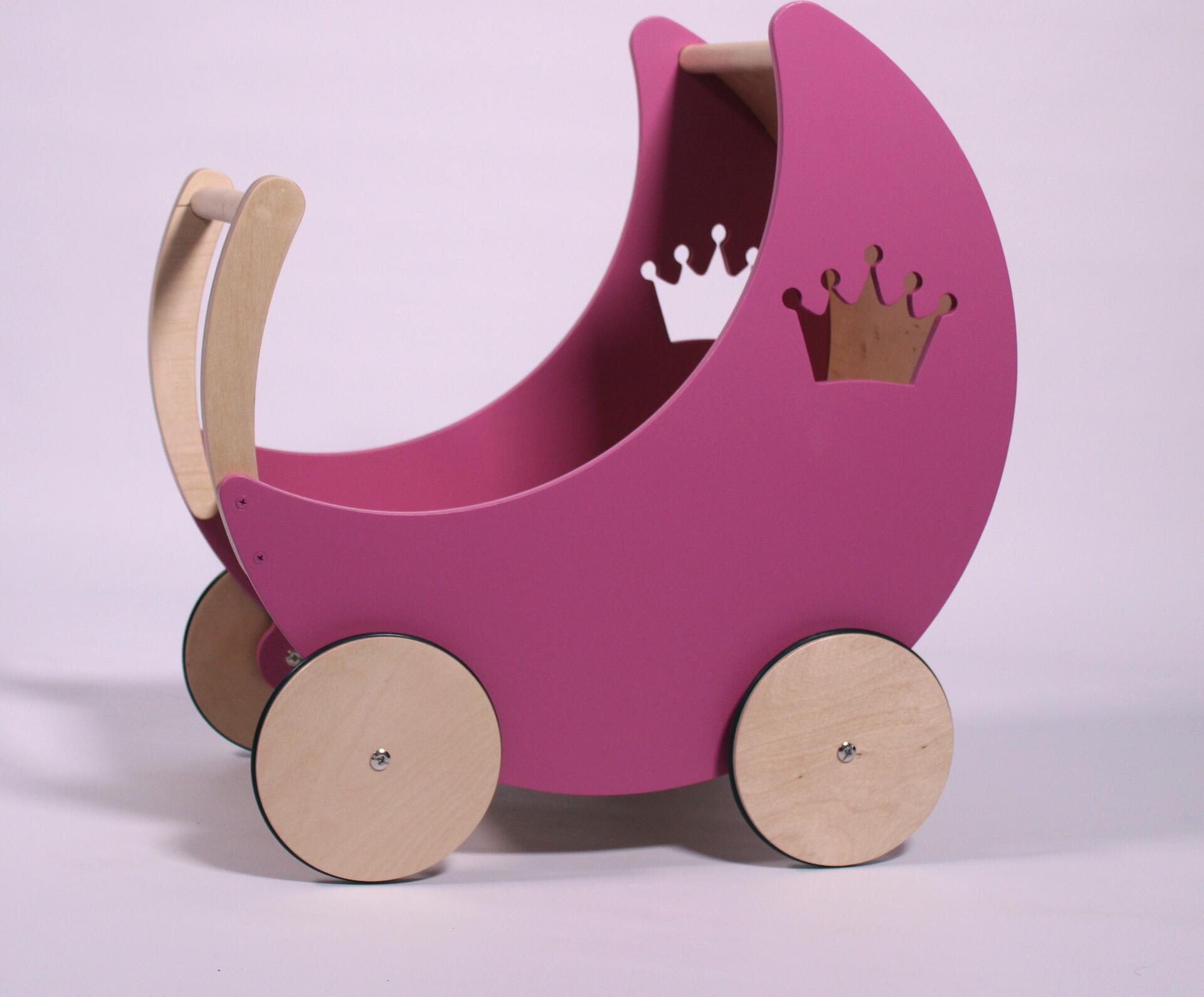 Căruțas pentru Păpuși și Walker din Lemn pentru Bebeluși, Gri, Jucărie de Rol din Lemn Masiv cu Roți cu Cauciuc, Design cu Coroană, Personalizabil cu Nume