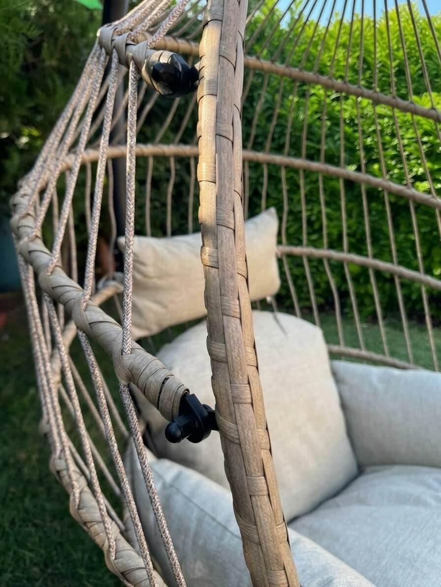 Scaun suspendat tip ou COCO pentru interior si terasa, Bej, inaltime 195 cm, perne repelente la apa, cadru metalic, set de 3 piese