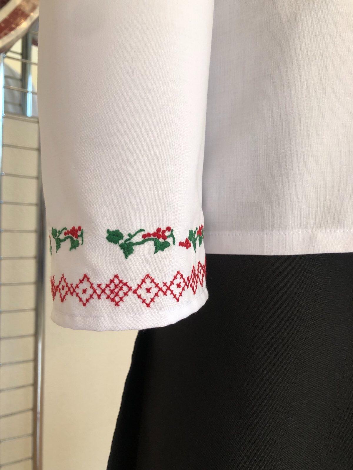 Benefis J 0380(6043) National Moldavian Shirt for Boys, White Magpie Fabric, Red and Green Machine Embroidery, Long Sleeves, Size M (134-146 cm)