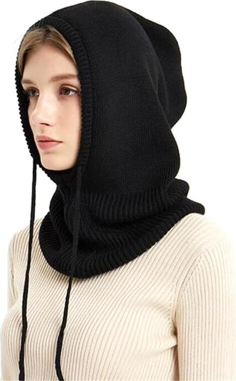 SOMALER Women's Knitted Hood - Cotton/Polyester Blend, Wind & Rain Protection, One Size 55x31x28cm, Minimalist Head & Neck Cover for Spring-Autumn, Color: Black