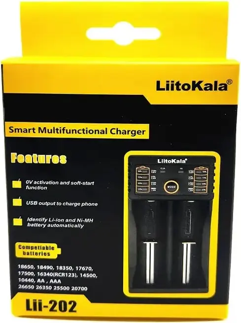 Încărcător Inteligent Universal LiitoKala Lii-202, 2 Sloturi, Funcție Power Bank, 500mA/1000mA pentru 18650 26650 AA AAA Li-ion Ni-MH LiFePO4