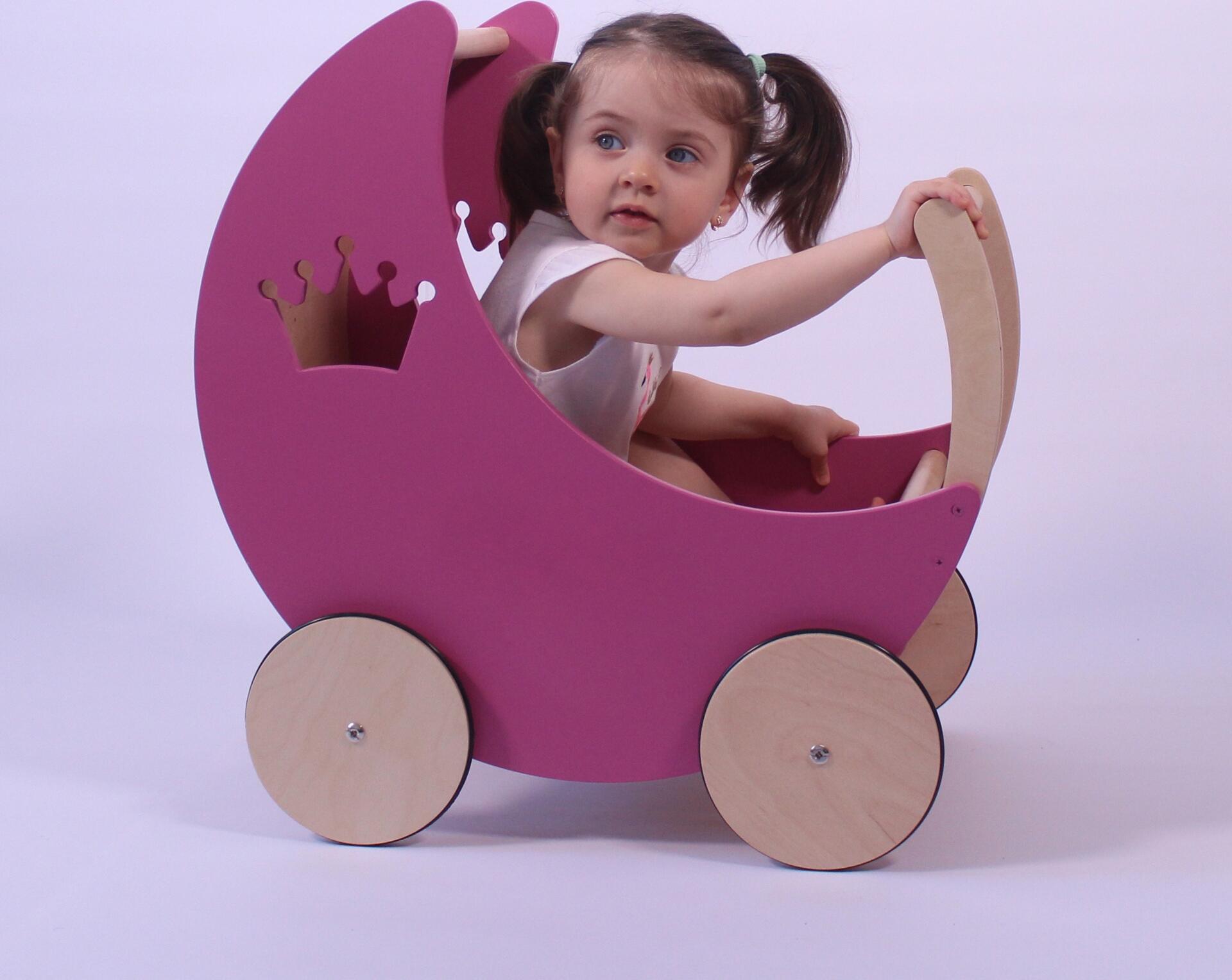 Căruțas pentru Păpuși și Walker din Lemn pentru Bebeluși, Gri, Jucărie de Rol din Lemn Masiv cu Roți cu Cauciuc, Design cu Coroană, Personalizabil cu Nume