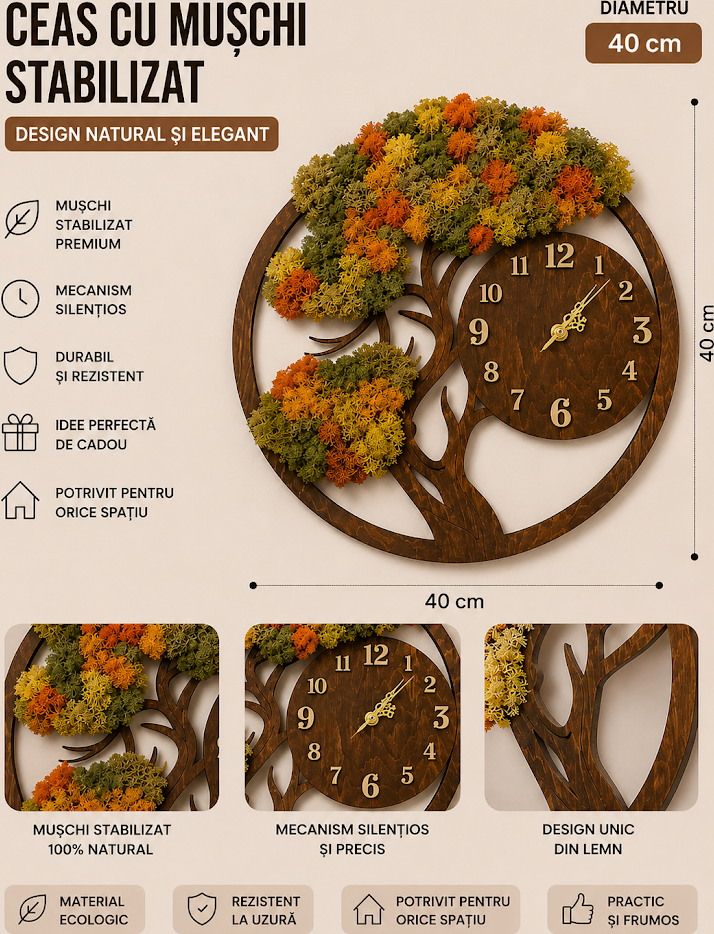 Ceas de perete Lemica din muschi stabilizat, design in forma de copac, rama din lemn natural gravat, muschi natural 100%, mecanism silențios, 40-50 cm, personalizabil - Maro / 40 cm / Silențios / Placaj de lemn și mușchi stabilizat