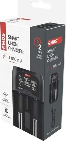 EMOS BCL-20D Universal Smart Battery Charger, 2 Slots, LCD Display, USB-C, for Li-ion, LiFePO4, NiMH, NiCd, 18650, 21700, AA, AAA, 1000mA
