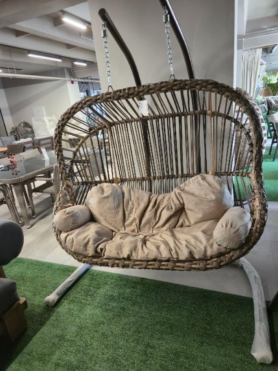 Kapadokya Dublu Double Garden Swing, White-Grey, 2-Person Capacity, Hand-Woven Synthetic Rattan with Metal Frame, 187x210x118 cm, Includes Soft Cushions
