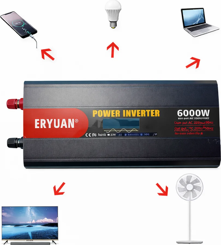 Invertor Solar Eryuan Pure Sine Wave 12V la 220V, Putere Nominală 3000W Putere Vârf 6000W, Duale Ventilatoare Răcire, Afișaj Digital, 2 Prize AC
