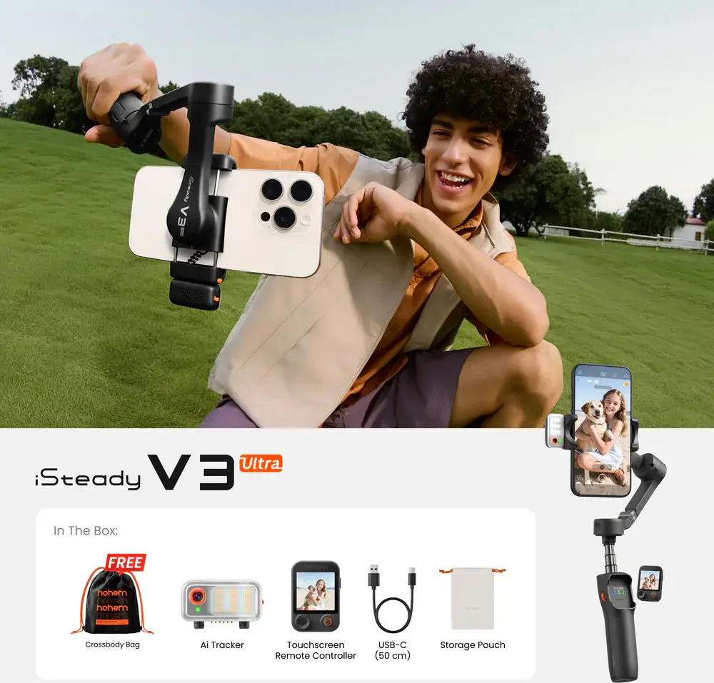 Hohem iSteady V3 Ultra 3-Axis Smartphone Gimbal Stabilizer with Detachable Touchscreen Remote, AI Tracking, Fill Light and Extension Rod - Shadow Black