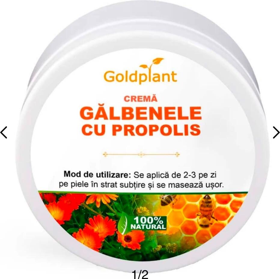 Goldplant Crema de Galbenele cu Propolis, 100ml, 100% Naturala, Antiseptic, Cicatrizant, Anti-inflamator, pentru Arsuri, Taieturi si Piele Uscata