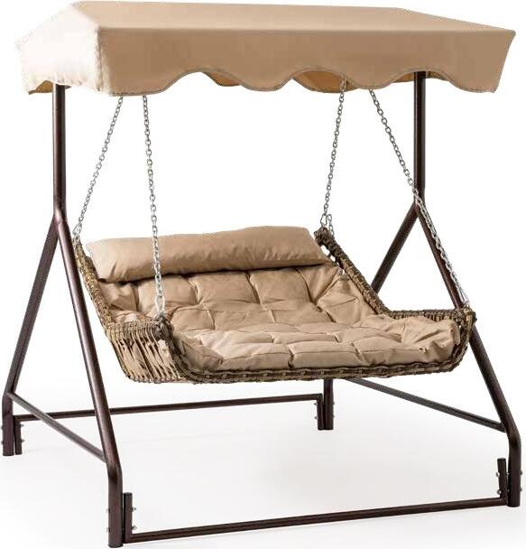 Leagăn de Grădină Cocoon Capri Swing Capri Bed cu Copertină, Rattan Maro și Material Impermeabil, Rezistent la UV și Intemperii, Capacitate 230kg, 160x200x210 cm