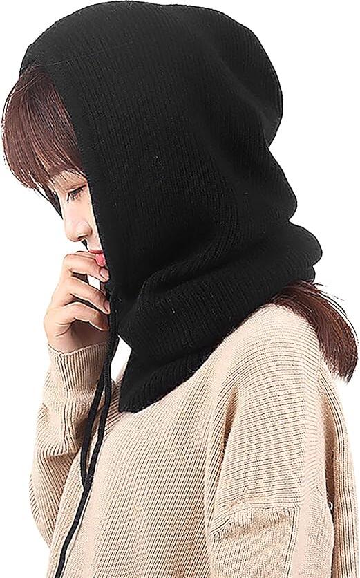 SOMALER Women's Knitted Hood - Cotton/Polyester Blend, Wind & Rain Protection, One Size 55x31x28cm, Minimalist Head & Neck Cover for Spring-Autumn, Color: Black