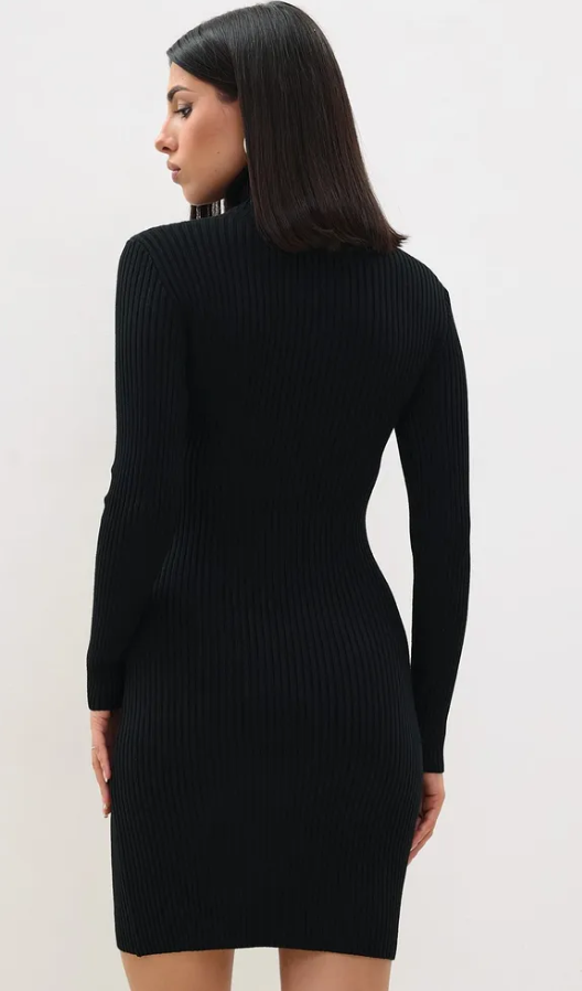 Rochie Pulover ESFASHION cu Guler Înalt, Culoare Vișiniu, Croială Slim Fit din Tricot Canelat din Amestec de Cașmir și Lână, Mărime Universală, Lungime 85cm