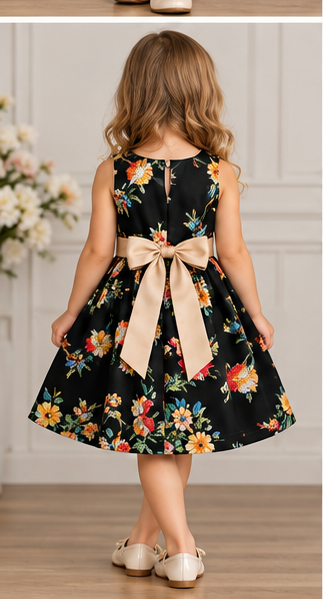 Rochie fata Ilette Atlas D1807 fara maneca, 10 ani, neagra cu imprimeu floral si pasari multicolor, centura din satin cu fund, croiala A-line