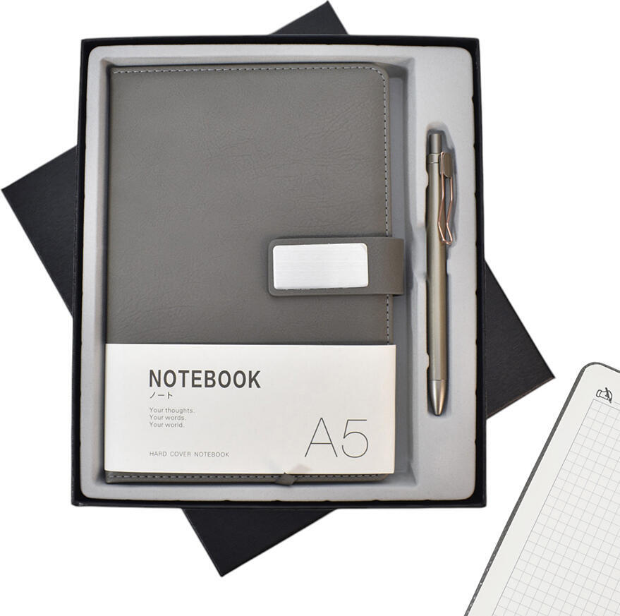 A5 Hardcover Notebook and Pen Gift Set, Squared Grid Paper Journal with Strap Closure, Metallic Finish Clip-on Pen, Premium Gift Box with Foam Insert