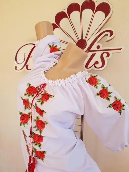 Benefis J 0346(4804) Women's National Moldavian Blouse, Shirt Fabric with Machine Floral Rose Embroidery, Lace Trim and Puffy Sleeves