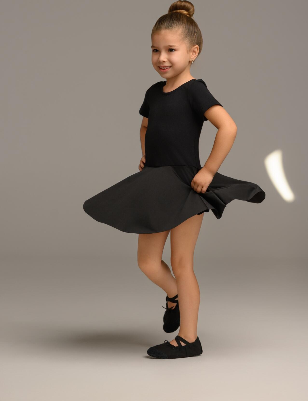 Costum Dans Copii GlobalSportDans Rochita Eva, Set Body din Bumbac si Fustă din Poliamid, Negru, 116-128 cm, Maneca Lunga