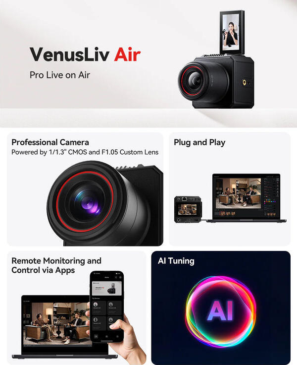 Hollyland VenusLiv Air 4K Live Streaming Camera, 1/1.3-inch 50MP CMOS Sensor, f/1.05 Lens, PC-Free RTMP/SRT, 24/7 Active Cooling, 3-inch Flip Screen