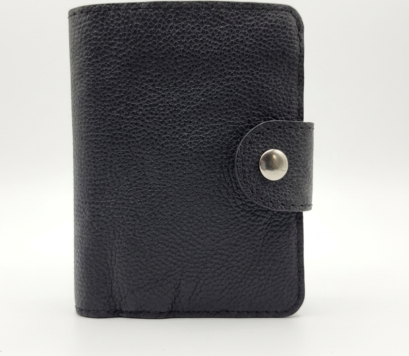 NICOV Book Type Wallet, Black with relief, Handmade 100% Natural Leather, 13 x 10 cm, with Coin Pocket, Card and Document Slots, Snap Button Closure