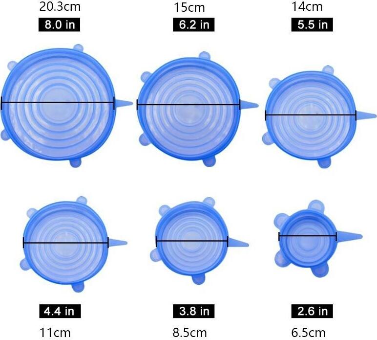 Set of 6 Reusable Elastic Silicone Lids, Universal Stretch Covers for Bowls and Plates, BPA-Free Food Grade Material, Dishwasher Safe, 6 Different Sizes