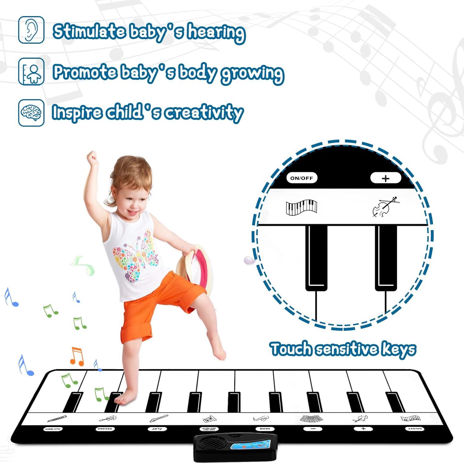 Toddler Instrument Covoraș Muzical Pian pentru Copii, 110x36cm, 10 Clape, 8 Instrumente, 5 Moduri, Jucărie Educativă Pliabilă, Vârstă 1-3 Ani