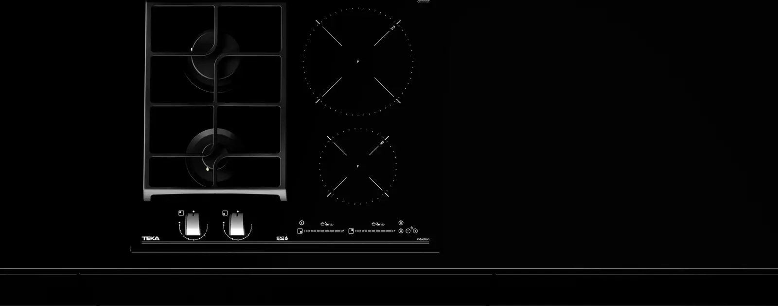 Комбинированная варочная панель Teka JZC 64322 ABN BK, газ на стекле и индукция, 4 конфорки (2 газ + 2 индукция), управление MultiSlider Touch, чугунные решетки