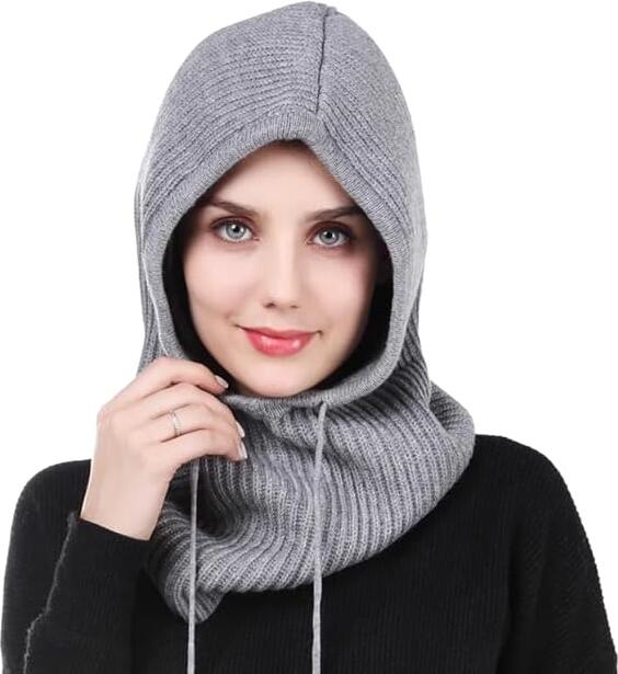 SOMALER Women's Knitted Hood - Color: Grey, Cotton/Polyester Blend, Wind & Rain Protection, One Size 55x31x28cm, Minimalist Head & Neck Cover for Spring-Autumn