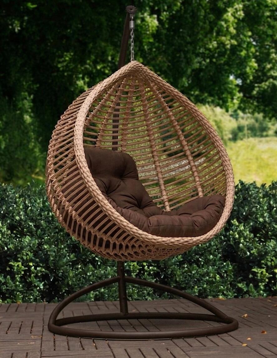 Set de 3 piese Scaun Legana Suspendata din Rattan cu Stativ si Perna, Forma de Ou, Bej, 1050x730x1200mm, Suporta pana la 110kg