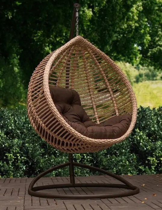Set de 3 piese Scaun Legana Suspendata din Rattan cu Stativ si Perna, Forma de Ou, Bej, 1050x730x1200mm, Suporta pana la 110kg