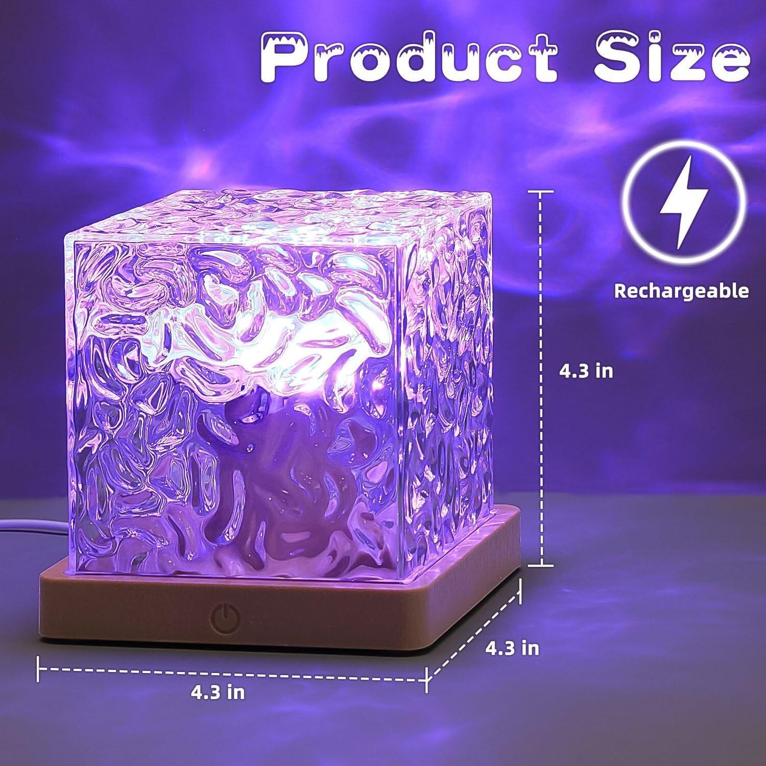 Cube Northern Lights Night Light Projector, 16 RGB Colors, Aurora & Water Ripple Effect, Crystal Acrylic LED Lamp, Remote Control, USB Rechargeable