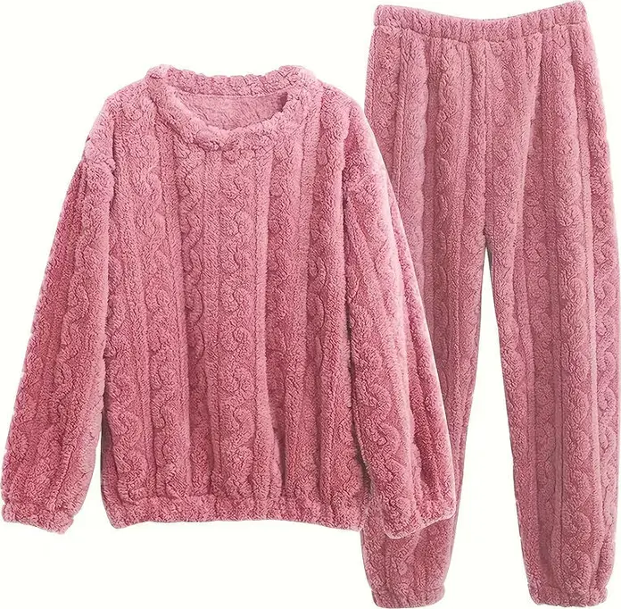 Set de pijamale din fleece pentru femei SANWOOD, roz, calduros, moale, cu mânecă lungă și pantaloni lungi, îmbrăcăminte de iarnă pentru dormit
