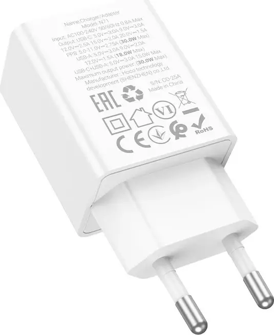 Hoco N71 New Wall Charger PD 30W + QC 3.0 Dual Port USB-C and USB-A Fast Charging Adapter EU Plug White