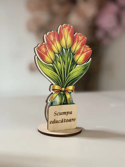 Lemica Wooden Pen Holder Tulip Bouquet Design, Natural Eco-Friendly Plywood, 9 x 17 cm, Round Stable Base, Customizable Engraved Desk Organizer