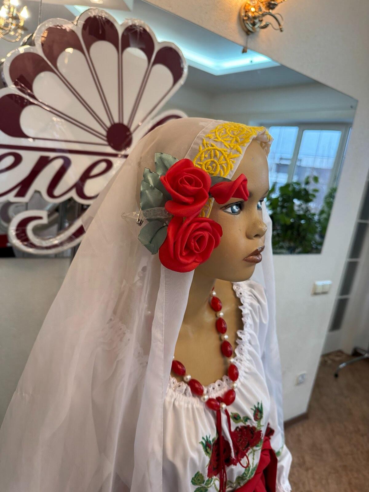 Benefis J 0373 Festive Headdress Set of 2 for Women's Moldovan National Costume, Traditional Marama Veil with Gold Floral Embroidery and Flower