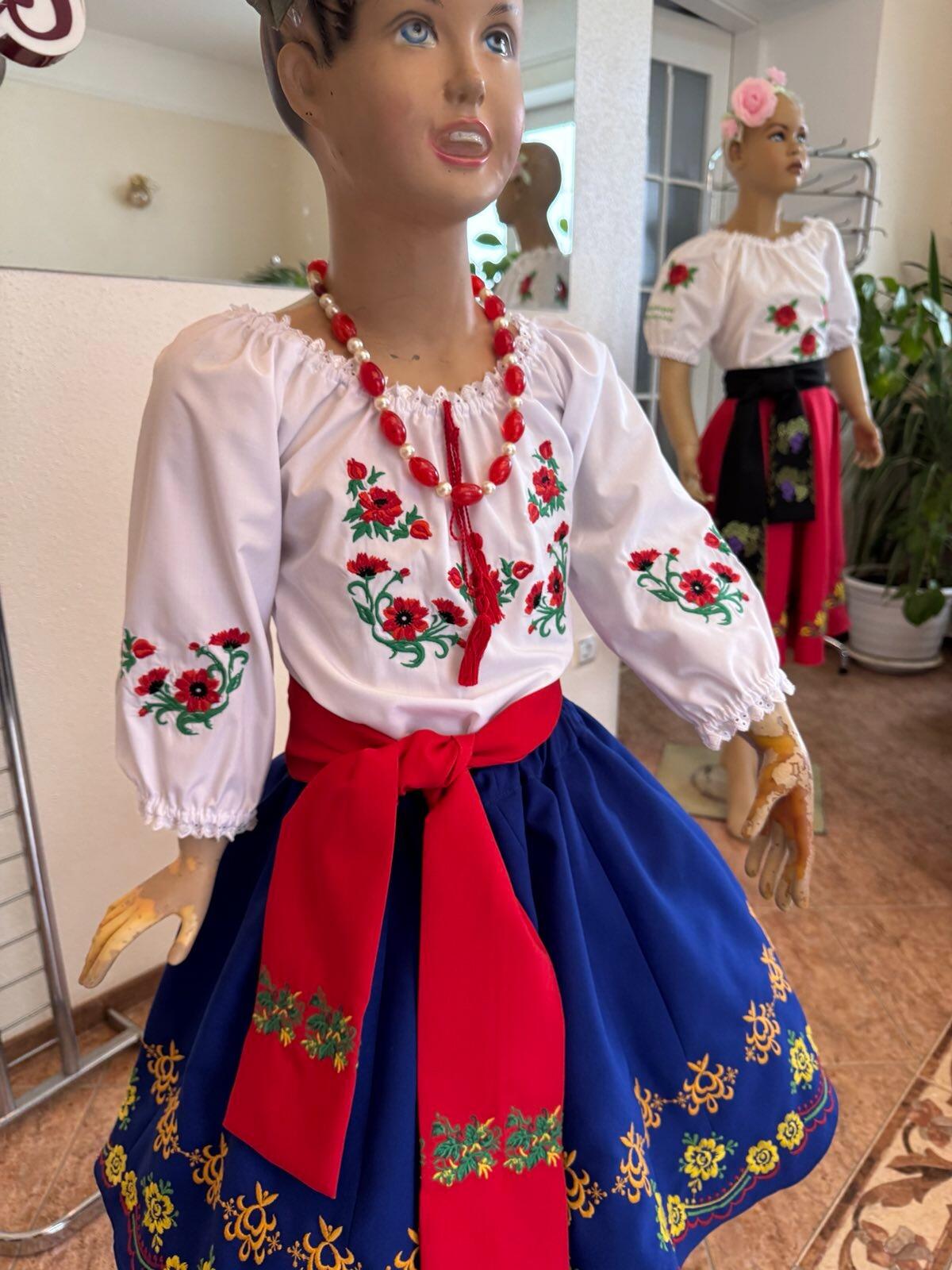 Benefis J 0113 Moldovan National Skirt Set of 2 for Girls, Blue with Floral Embroidery, Natural Materials, includes Tulle Petticoat