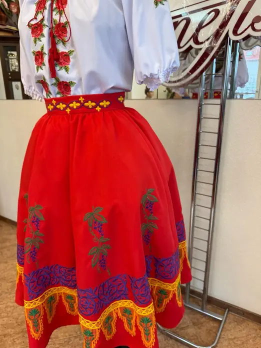 Benefis Moldovan National Traditional Skirt J 0363(4931) for Women, Red Natural Material with Grape and Vine Embroidery in Green, Purple, Yellow, and Blue