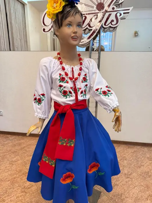 Benefis J 0361 Moldovan National Traditional Skirt for Women and Girls, Dark Blue with Red Poppy Floral Embroidery, Natural Materials