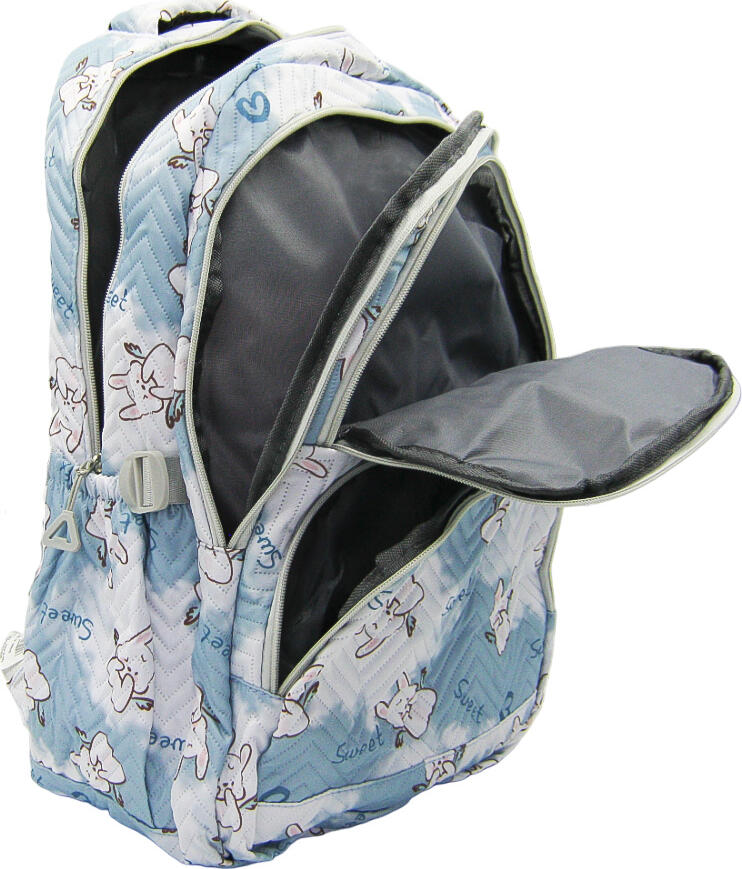 Sweet 605R School Backpack, Light Blue Polyester with White Rabbit Pattern, Multiple Compartments, Durable Textured Daily Bag
