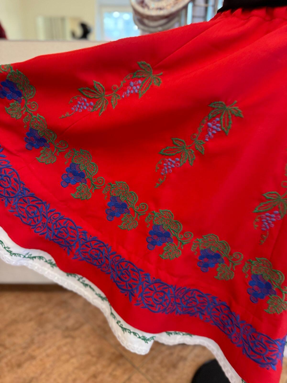 Benefis Moldovan National Skirt J 0126, Traditional Red Embroidery with Grape and Floral Motifs, White Lace Trim, Natural Materials