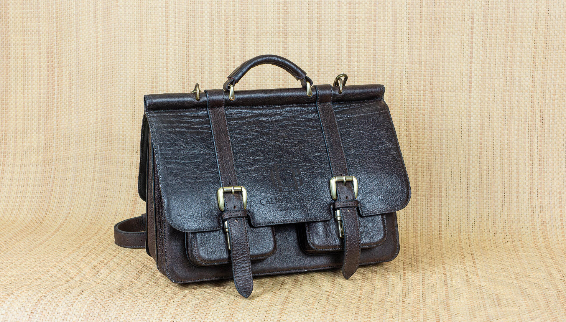 Brown Natural Leather Lawyer's Briefcase with 2 Wide Compartments, 4 Pockets, Top Handle and Adjustable Shoulder Strap, 40x27x25 cm, Customizable