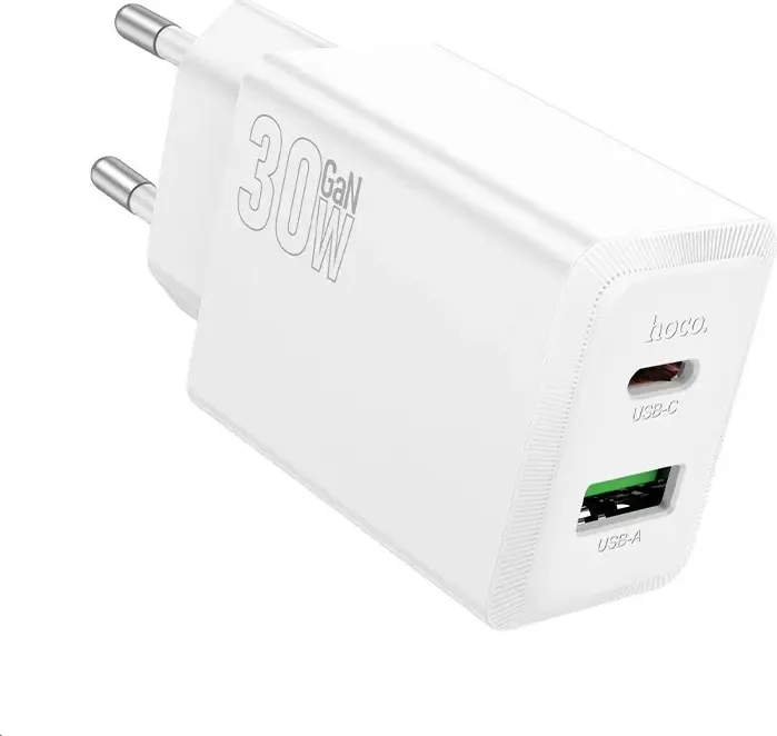 Hoco N71 New Wall Charger PD 30W + QC 3.0 Dual Port USB-C and USB-A Fast Charging Adapter EU Plug White