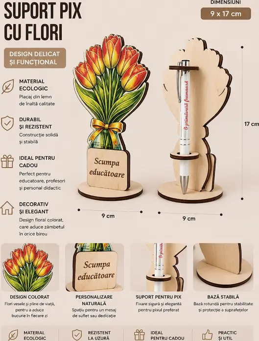 Lemica Wooden Pen Holder Tulip Bouquet Design, Natural Eco-Friendly Plywood, 9 x 17 cm, Round Stable Base, Customizable Engraved Desk Organizer