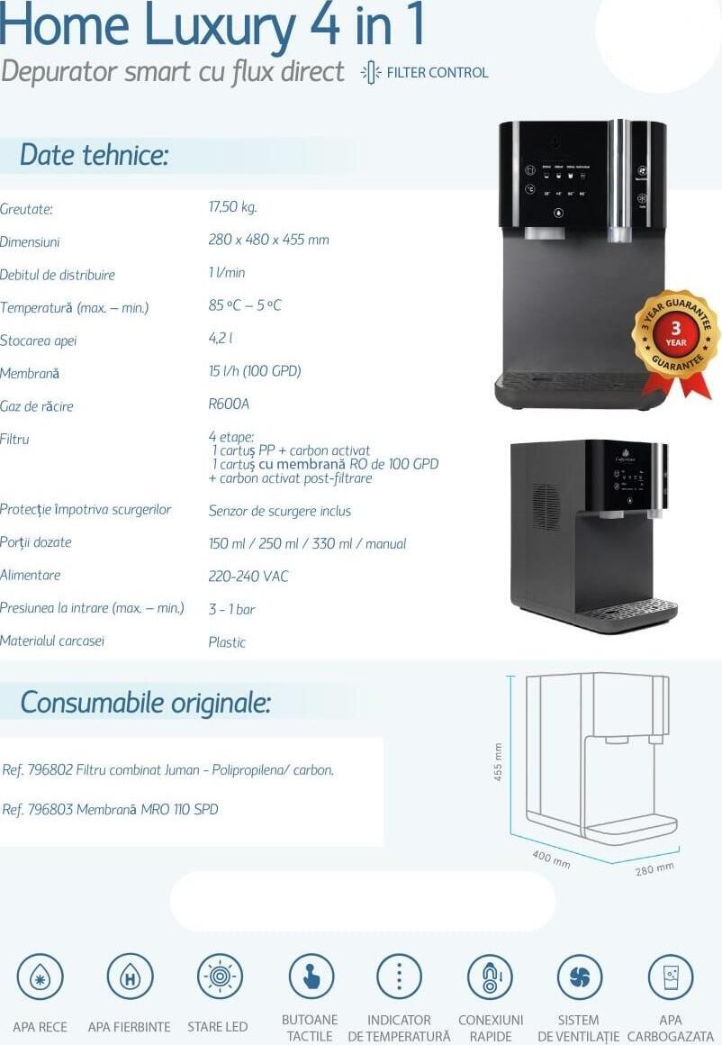 Dozator Apă Kinetico Columbia Aqua JUMAN SPARKLING, Osmoză Inversă 1000 GPD, Apă Rece/Fierbinte/Sifon, UV LED, 2.4L/min