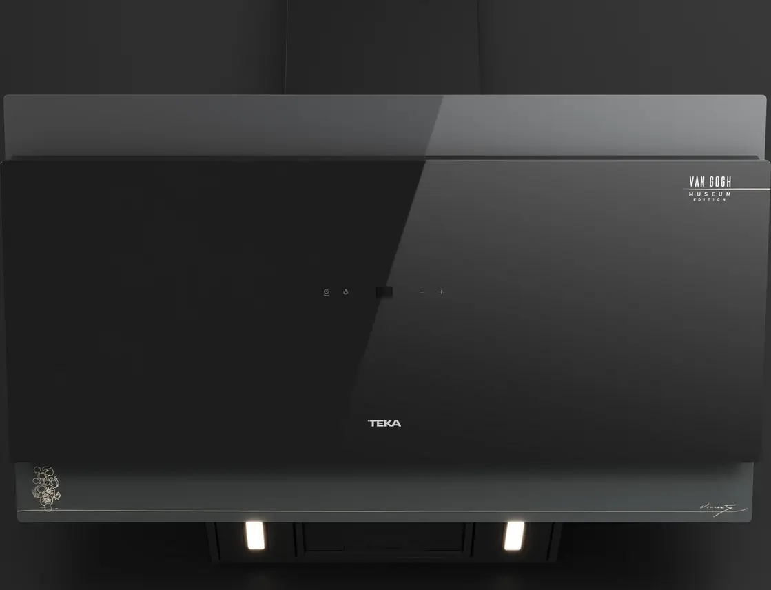 Hota Decorativă Verticală Teka DVT-VG 98660 Ediție Van Gogh Museum, Sticlă Neagră și Oțel Champagne, 900mm, Motor EcoPower, Control Touch, Iluminare LED