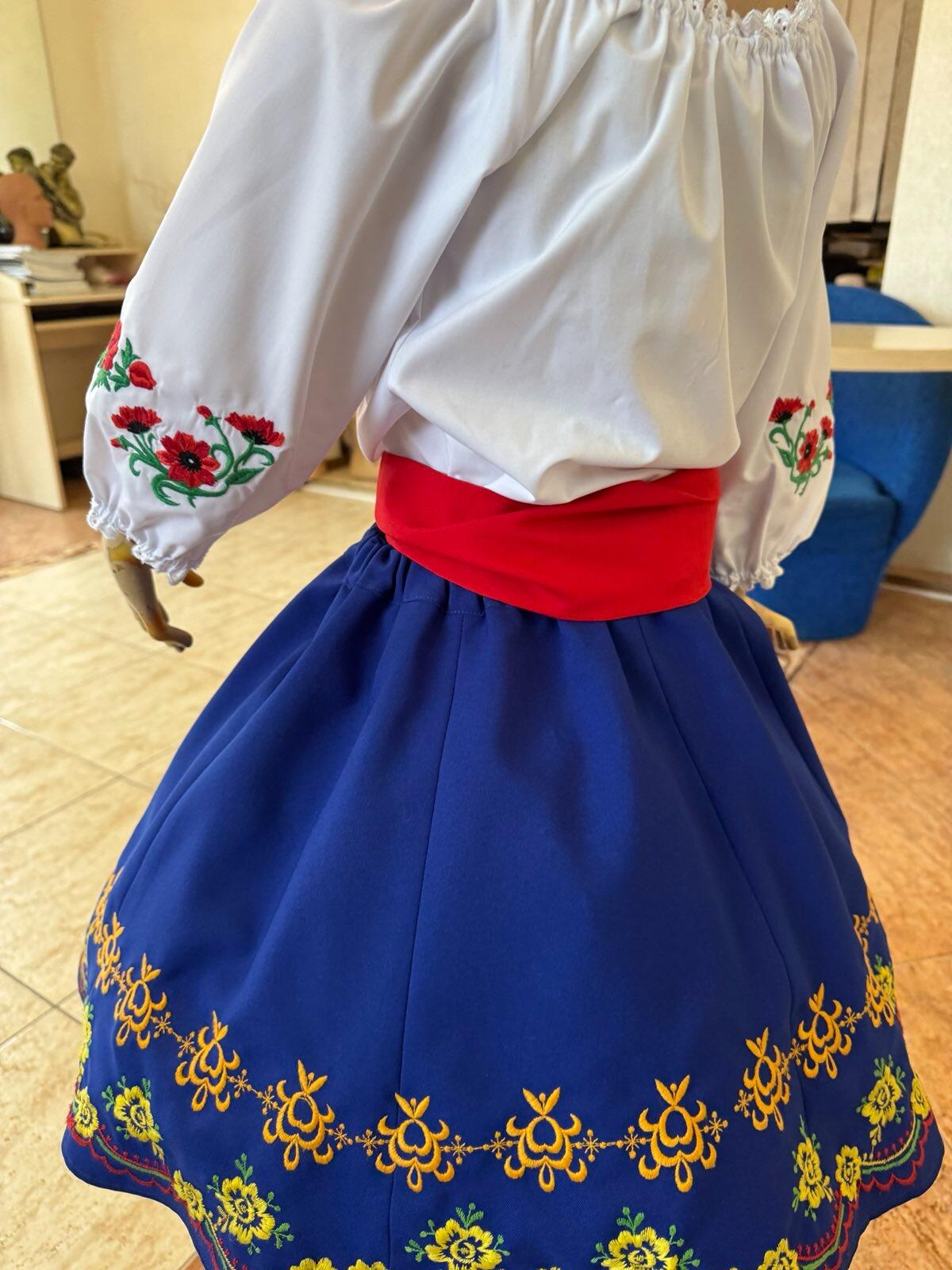 Benefis J 0113 Moldovan National Skirt Set of 2 for Girls, Blue with Floral Embroidery, Natural Materials, includes Tulle Petticoat