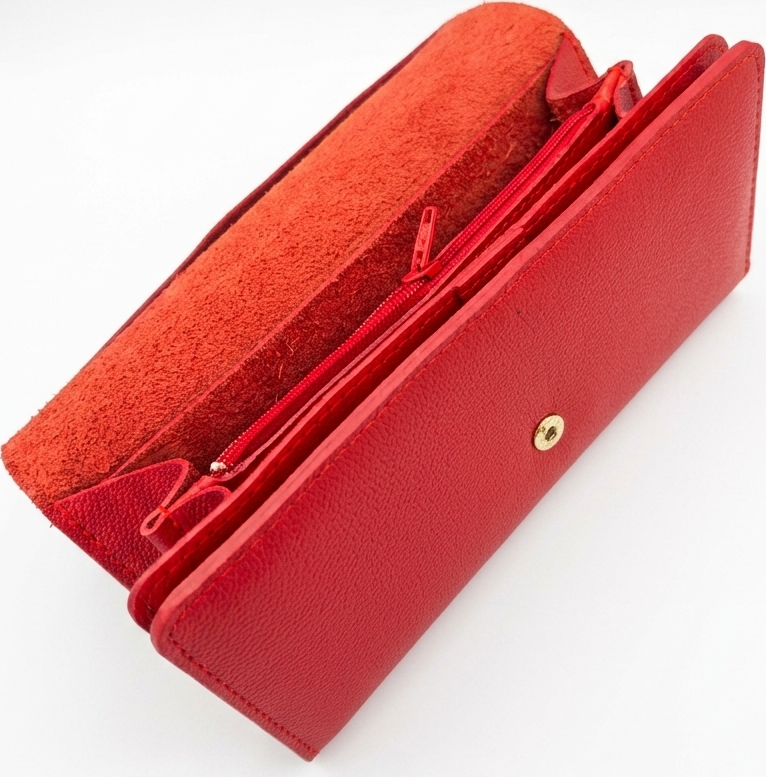 NICOV Double Angle Ladies Wallet, Red, Handmade Natural Leather, 20x10 cm, 4 Banknote Compartments, 14 Card Slots, Zippered Coin Pocket, Button Closure