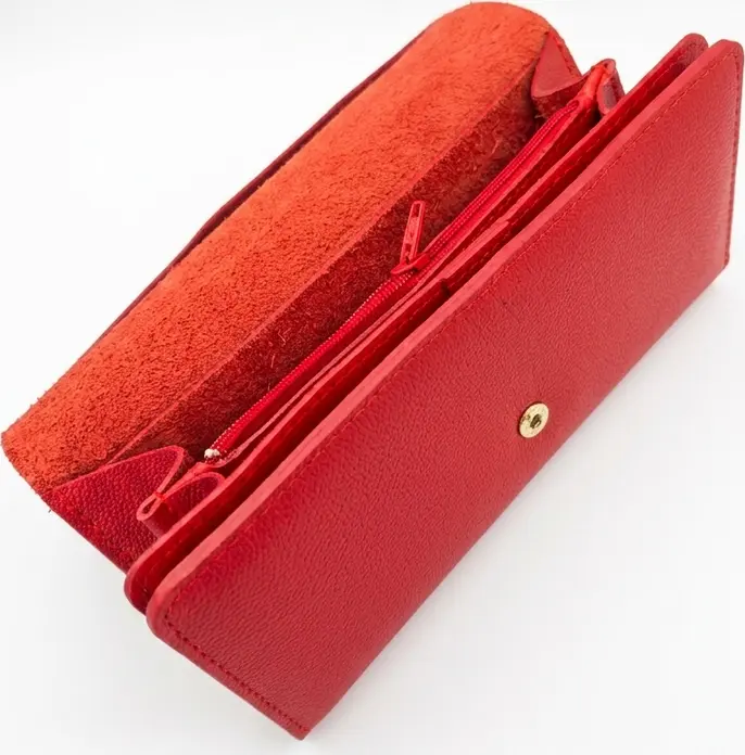 NICOV Double Angle Ladies Wallet, Red, Handmade Natural Leather, 20x10 cm, 4 Banknote Compartments, 14 Card Slots, Zippered Coin Pocket, Button Closure